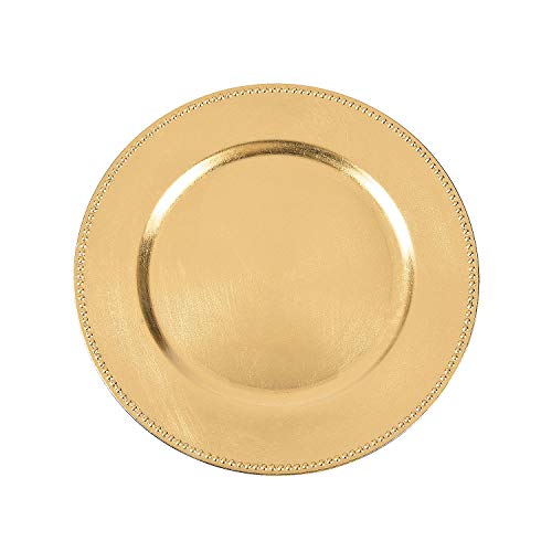 Fun Express Gold Plastic Chargers - Elegant and Stylish Serveware for Weddings Receptions Dinners & Special Occasions - Perfect for Creating Stunning Table Settings & Memorable Celebrations - 6 Pieces