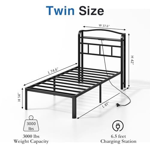 HAVONIZD Twin Bed Frame - Storage Headboard with Charging Station, 14 Inch Sturdy Metal Platform Bed Frame No Box Spring Needed, Easy Assembly, No Noise, Black - Thumbnail 2