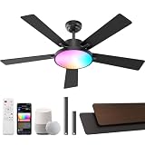 CINOTON 52" Smart Ceiling Fan,2 Downrods Ceiling Fan with Light and Remote, Alexa/Google/App Control, 6 Speeds & 2 Fan Modes, Reversible DC Motor, 25W Dimmable LED,5CCT+RGB, for Bedroom Living Room