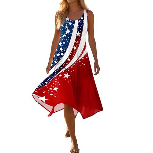 4th of July Dresses for Women Sleeveless Crew Neck Dress Flag Patriotic Print Midi Sundress Red White and Blue Dress Loose Flowy Asymmetrical Hem Vacation Outfits