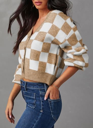 Image of Dokotoo Womens Cardigans Soft Long Sleeve Cable Knit Plaid Cropped Sweaters