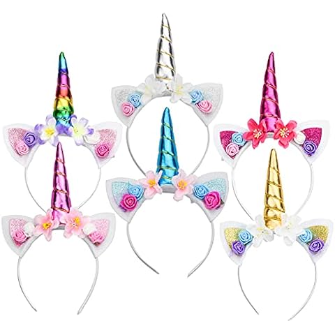 TEESIN Unicorn Horn Hairband, Unicorn Headband Unicorn Hair Accessories Flower Ears Multi Colour One Size Fits Most for Girls Kids Birthday Party Favors Dress Cosplay, Pack of 6 Cover