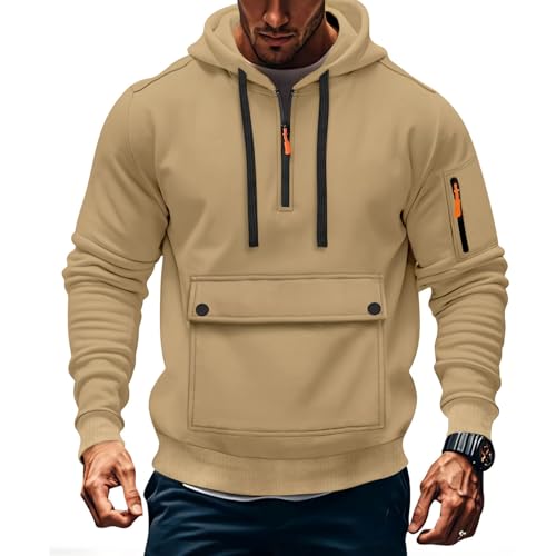 Mens Hoodie Drawstring Quarter Zip Up Pullover Sweatshirts Drop Shoulder Casual Fall Winter Pullover with Pocket