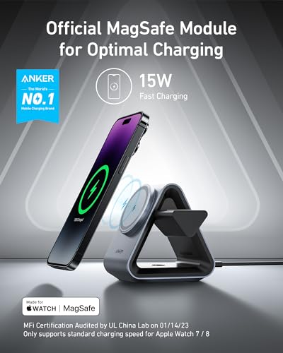 Image of MagSafe Charger, Anker 737 MagGo Charger (3-in-1 Station) with MFi-Certified 15W Max Fast Charging, for iPhone 14 /13 / 12 Series, Apple Watch S8 / Ultra, AirPods 3 / Pro (30W USB-C Charger Included)