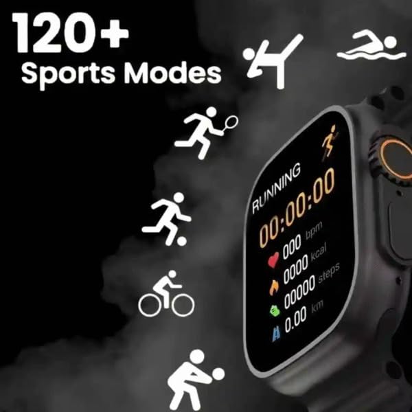 LAXASFIT T900 Ultra2 Smartwatch displaying a running activity with time, heart rate, calories, steps, and distance