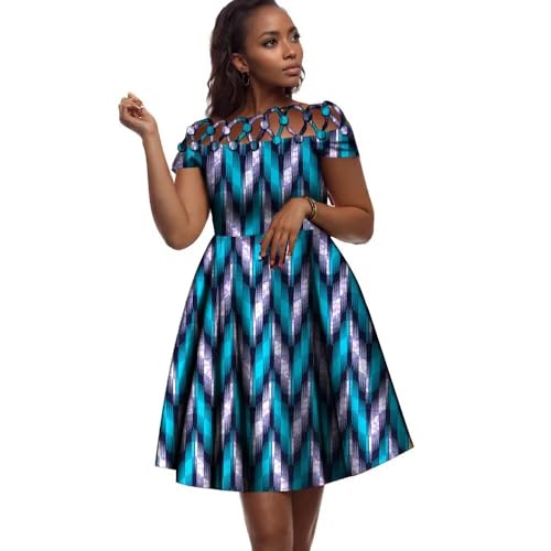 Image of XIAOHUAGUA African Dresses for Women Cotton Cutout Neck Short Sleeve Ankara Dashiki Cocktail Party A-Line Flare Dress