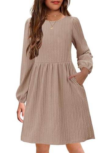 YOVION Girls Knit Dress Crew Neck Long Sleeve Plain A-Line Fall Casual Dresses with Pockets for 6-12 Y