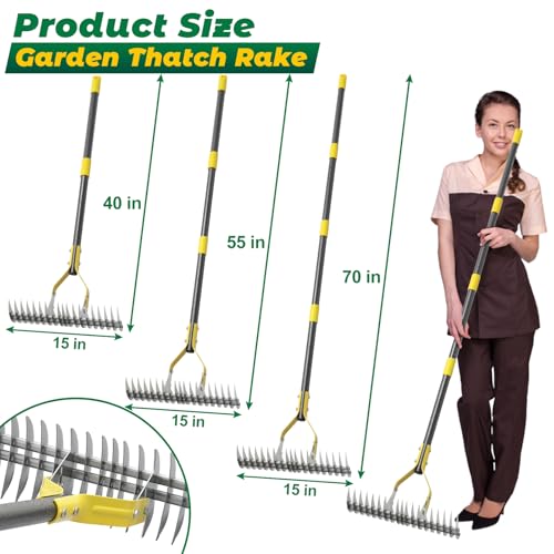 Thatch Rake,70 Inch Heavy Duty Lawn Thatching with Adjustable Stainless Steel Handle,Multiple Garden Rake for Leaves,Lawn Loosening Soil,Backyard,Garden - Thumbnail 2