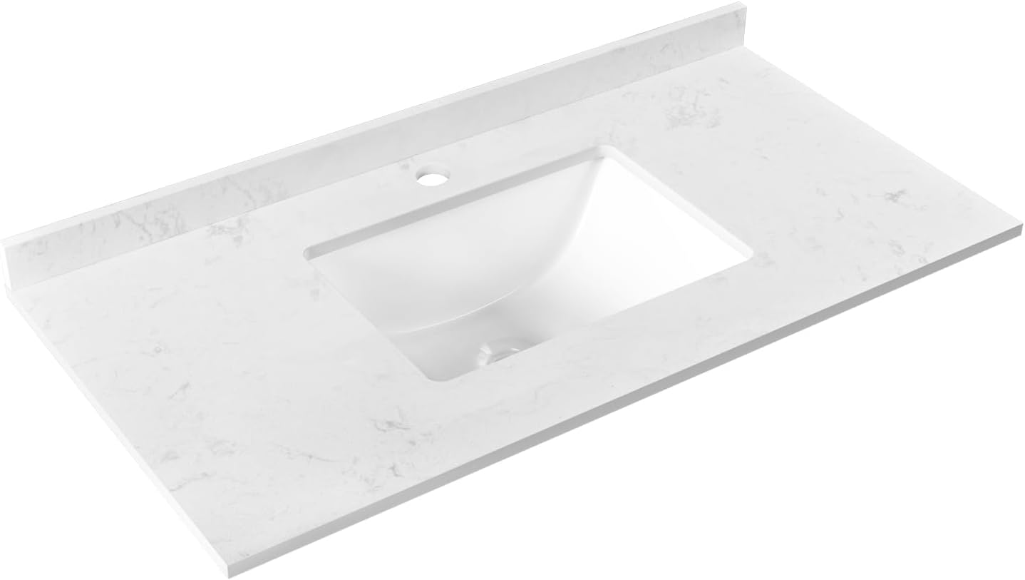 DeerValley 36 Inch Bathroom Vanity Top with Undermounted Rectangular Ceramic Sink & Backsplash, DV-1V0098 White Carrara Engineered Stone Vanity Sink Top, Single Pre-drilled Hole
