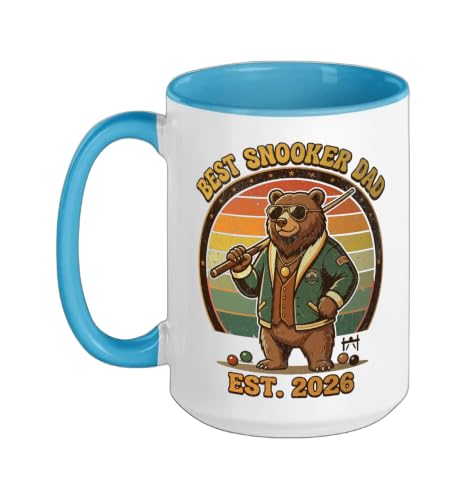 Best Snooker Dad Est 2026 Retro Bear Billiards Ceramic Mug, Blue/White, 15oz