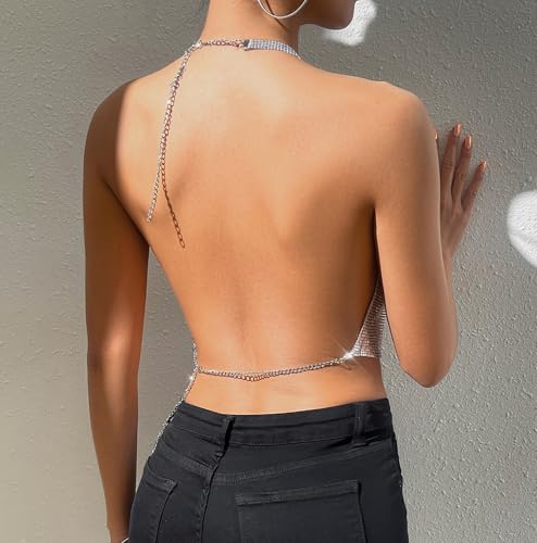 Women’s Sexy Metallic Sequins Halter Crop Top Deep V Neck Backless Vest Shirt Clubwear Rave Outfit（Sliver） by CCDAZZLY - Used condition - US$9.89