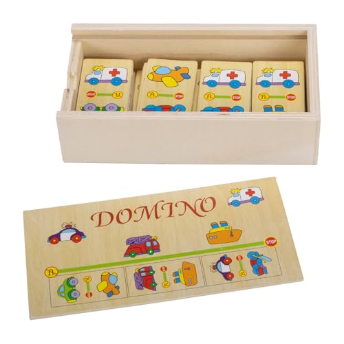 GICO Domino Spiel Fahrzeuge aus Holz für Kinder Jungen Mädchen und Erwachsene für Zuhause oder als Reisespiel - 7968