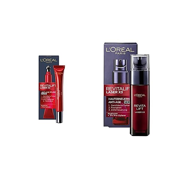 L'Oréal Paris Augenpflege, Revitalift Laser X3, Anti-Aging Augencreme mit 3-fach Wirkung, Hyaluronsäure, 15 ml & Serum…
