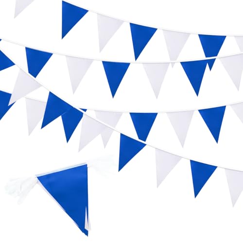 20 m, 52 Stück blau-weiße Wimpelkette, Wiederverwendbare, wasserdichte Dreieck-Wimpelkette, Dekoration für drinnen und draußen, Geburtstage, Hochzeiten, Verlobungen