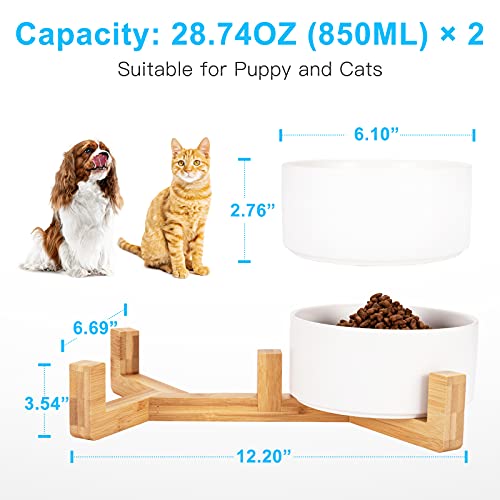 Dog Bowl, Raised Dog Food and Water Bowl, Ceramic Dog Bowl Set with Non-Slip Wood Stand for Medium Sized Dog and Cat, 28… - Image 2