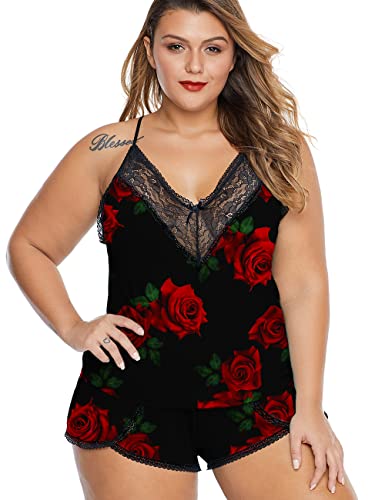 Image of Women Plus Size Pajamas Cami Shorts Set Nightwear Sexy Lace Lingerie Sleepwear