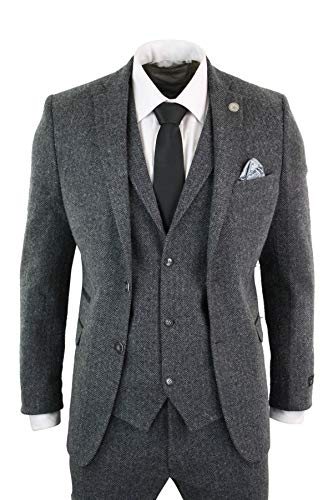 Heren Grijs Zwart 3-delig Tweed Pak Herringbone Wool Vintage Retro Peaky Blinders - Image 5