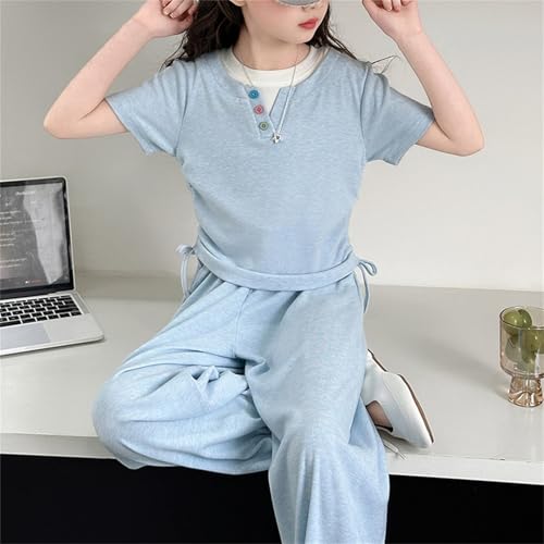 BILIKEYU Girls Summer Outfits Short Sleeve V Neck Side Pleated T Shirts and Elastic Waist Baggy Wide Leg Pants3