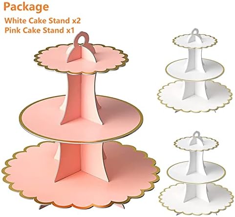 Cardboard Cake Stand Afternoon Tea Stands Meyecon Round Dessert Stand 3 Pack 3-Tier Cardboard Cupcake Stands for Birthday Party, Wedding, Anniversary, Party Decoration (Cardboard White Pink)