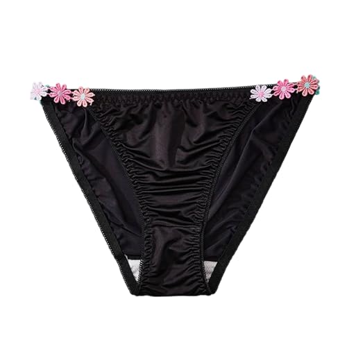 Womens Silk Satin Panties Floral String Cheeky Bikini Underwear Breathable Low Rise Hipster Brief Cute High Cut Thong Black