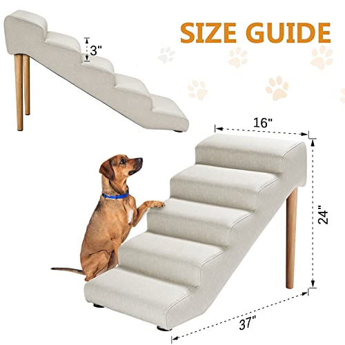 Senneny Imitation Linen Faux Leather Dog Stairs, for Pets up to 150 lbs, Waterproof, Scratch Resistant Pet Steps/Stairs with High Density Foam and Detachable Wooden Legs, Light Beige Linen, 5 Step - Thumbnail 6