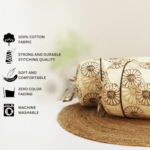 Image of AURAVE Cotton 144 TC Printed Bolster Cover with Drawstring Closure, Set of 2, Soft Breathable Durable Machine Washable for Sofa Bed & Home Decor, 15 inchx30 inch, Light Brown | Cover Only