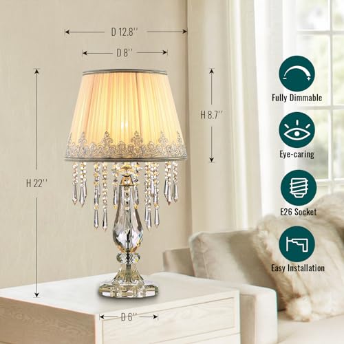Siljoy Elegant Bedside Crystal Table Lamp Set Of 2 Dimmable Nightstand Lamp With White Ruched Fabric Lampshade Modern Raindrop K9 Crystal Desk Lamp For Bedroom Living Room 22.8'' Tall thumb #8