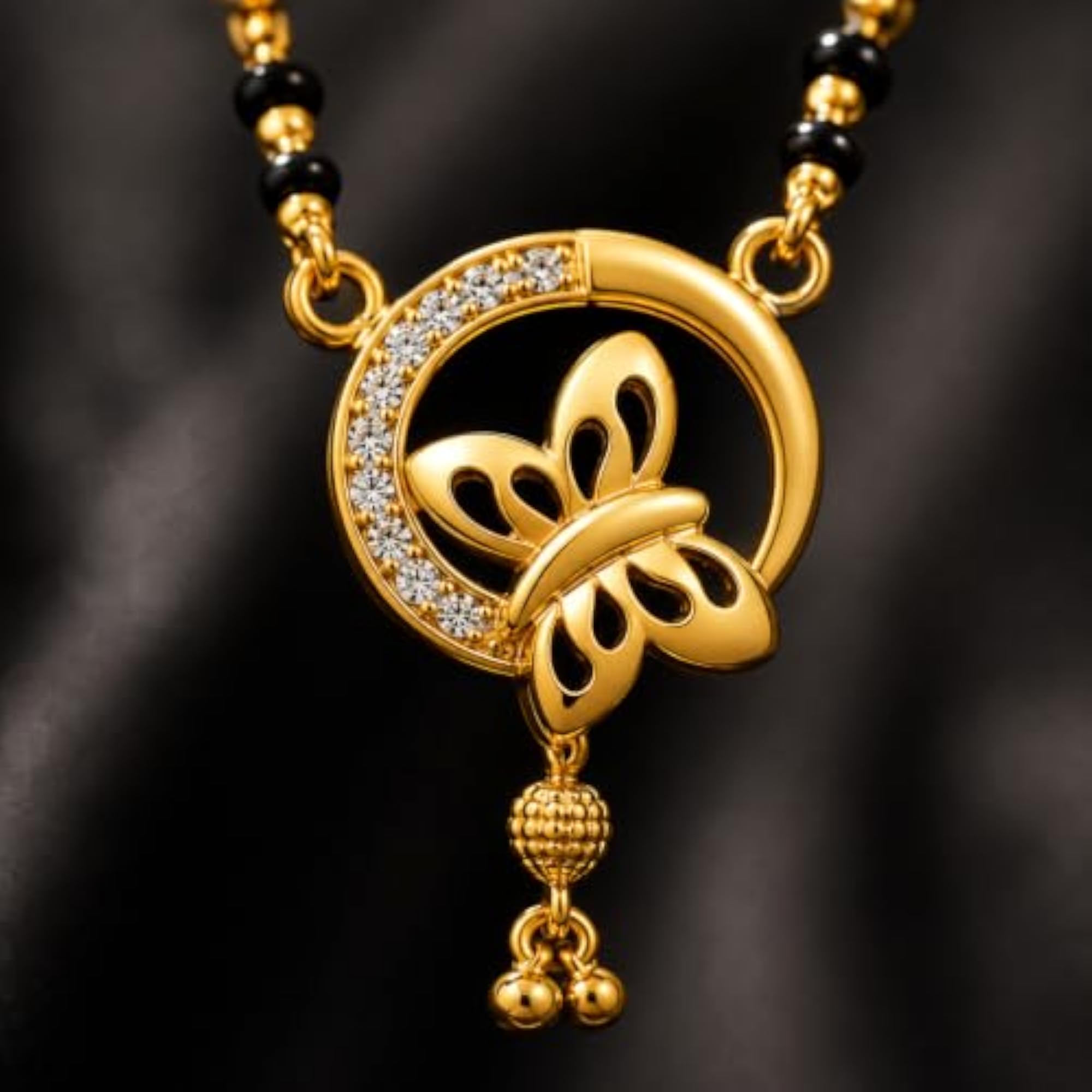 Women's Traditional Gold & Black Brass Alloy Mangalsutra with Butterfly Pendant