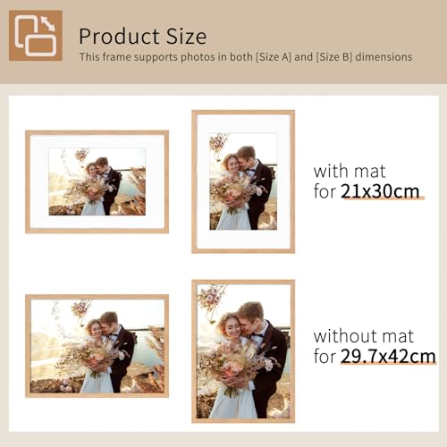 A3 Picture Frame Set of 3, Display A4 with Mat or A3 without Mat, Natural Wood Photo Frames for Wall Mounting or Table Top Display - Image 3