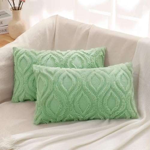 Image of decorUhome Fall Throw Pillow Covers 12x20 Inch Set of 2, Soft Plush Faux Wool Light Sage Green Solid Couch Pillow Covers, Accent Farmhouse Neutral Rectangle Pillow Cases for Sofa Bed Living Room