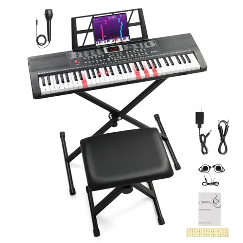 Ktaxon 61 Key Keyboard Piano Electric Keyboard, Electric Piano Set with Headphones, Microphone, Music Rest, Power Adapter, Piano Stand, Piano Bench and Manual (Compact X Stand-Black w/Lighted Keys)