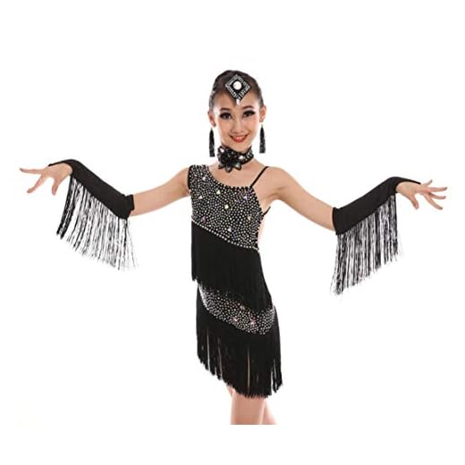 Barn latin dans utklädnad tofs barn latin dans klänning vita paljetter samhällsstil kläder tango klänning samba kjolar, svart, 110 cm