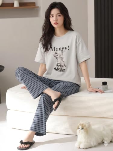 Image of Celary Korean Women's Pyjama Set|Half Sleeve T-Shirt & Printed Pyjama Set for Women|Size:- M to 4XL|Soft Cotton Blend Comfortable Night Suit for Women