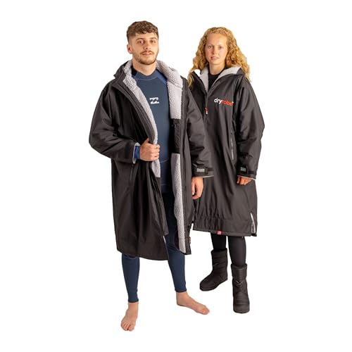 Image of Dryrobe Advance Waterproof Changing Robe - LONG SLEEVE Oversized Change Robe Coat with Fleece Lining - Hooded Jacket for Beach, Wild Swimming, Surfing Adult Large - Black/Grey