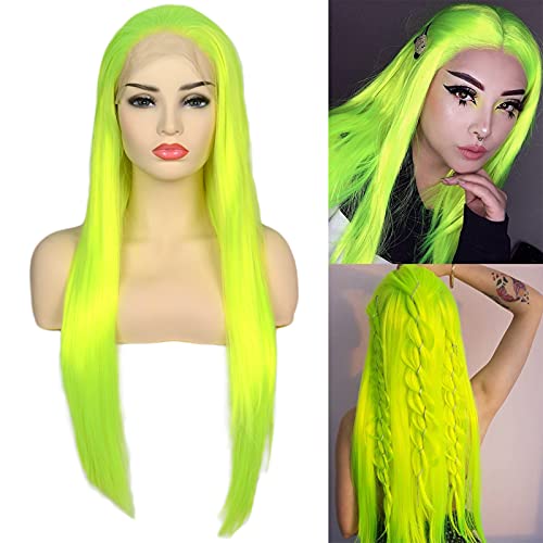 BLUPLE Fluorescent Green Lace Front Wigs Synthetic Long Silk Straight Hair Bright Yellow Green High Temperature Fiber Hair Wigs 22 Inch for Women Party Show