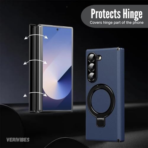 Image of Premium Leather Texture Case Compatible with Samsung Galaxy Z Fold 8 Ultra | Magnetic Ring Kickstand | 360 Hinge Protection | Slim Shockproof Back Cover |Wireless Charging Support -NavyBlue