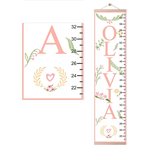 Personalized Name Kids Growth Chart Ruler Flower Dinosaur Growth Ruler Canvas Wall Ruler Oak Solar Woodland Theme Kids Height Chart Baby Wall Growth Chart with Custom Name (Flower)