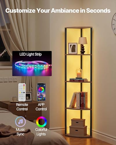 Image of VEVOR 5 Tier Corner Shelf with LED Light, 64 inch Tall Corner Bookshelf with Storage Shelves for Collectibles, Display Shelf with Multi-Color Lights Controlled Via RC /APP for Bedroom, Living Room, Office