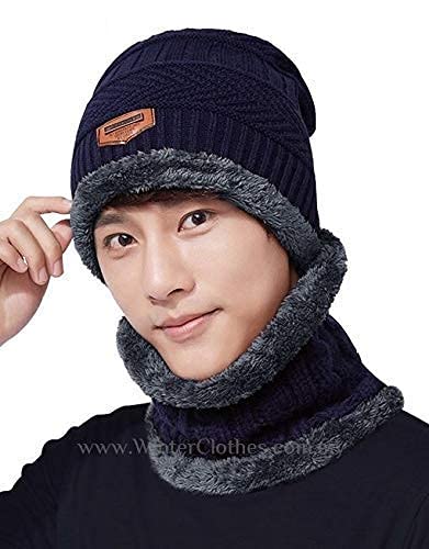 Winter Beanie Cap and Neck Warmer Set, Knitted Wool with Fleece Lining, Blue and Grey, Unisex Winter Accessory for Men and Women-picture-21