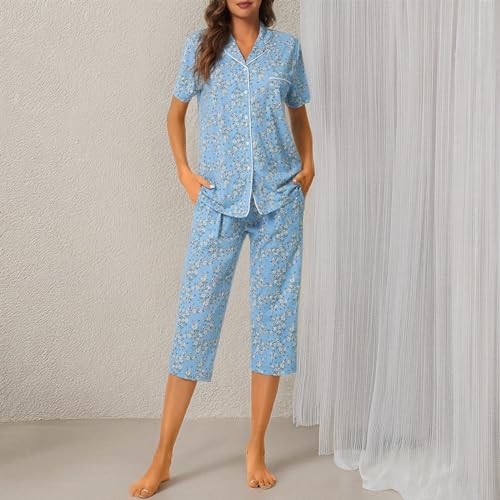Image of Tugege Capri Pajamas Set Womens Button Down Short Sleeve Lounge Sets Sleepwear Notch Collar Top & Capri 2 Piece PJ Sets