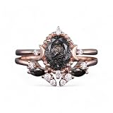 14K Rose Gold Natural Oval Cut Rutilated Quartz Wedding Ring Set CZ Diamond Engagement Ring Set Marquise Cut Onyx Bridal Ring Set Black Gemstone 2 pcs Ring Set GemsDesireIN