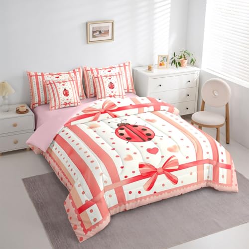 Image of Cute Ladybug Comforter Set 7 Pcs Polka Dots Heart Graffiti Girly Bedding Sets Watercolor Pink Stripes Bowknot Bed in a Bag with Comforter Flat Sheet Fitted Sheet 2 Pillowcases 2 Pillow Covers,Full
