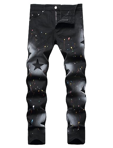 Men Star Painted Black Stretch Denim Slim Straight Jeans