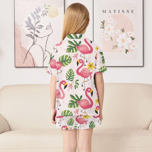 ALAZA Flamingo Flower Floral Palm Leaves Pajamas Satin Pajama Set Short Sleeve Button Down Sleepwear4