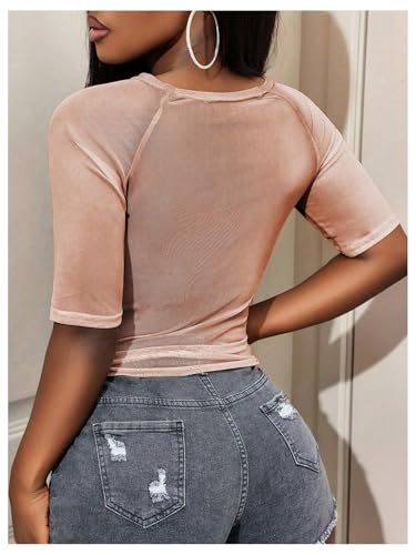 Image of RoseSeek Women's Sheer Mesh Letter Graphic Tees Short Sleeve Crew Neck Y2K Vintage Summer Going Out Crop Tops