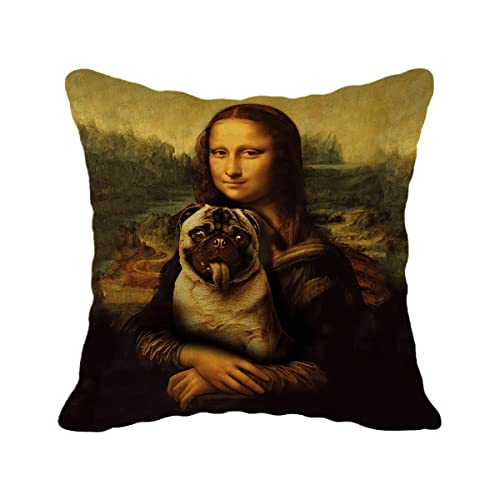 Fulsoe Funny Mona Lisa And A Pug Decorative Throw Pillow Case Cover 18"X18",Funny Pug Puppy Dog Decorations For Home Bedroom Girls Room Office,Pug Owners Moms Gift,Dog Lovers Gift #TOP13