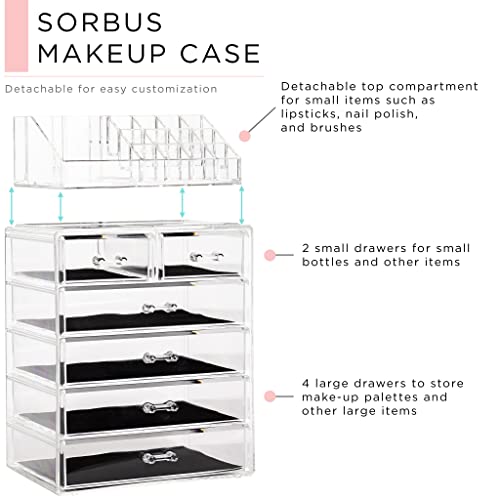 Sorbus® Cosmetic Makeup and Jewelry Storage Case Display - Spacious Design - Great for Bathroom, Dresser, Vanity and Countertop (4 Large, 2 Small Drawers, Clear)