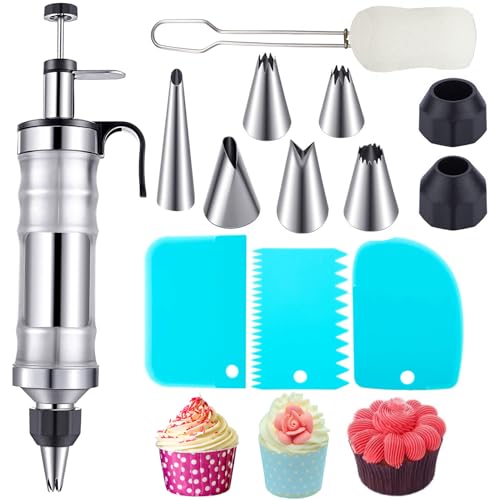 Dessert Syringe, Stainless Steel Pastry Syringe Set, Pastry Syringe 13-Piece Set, Frosting Filling Syringe with 6 Nozzles and 3 Buttercream Spatulas for Cupcakes, Doughnuts, Pastry Decorative