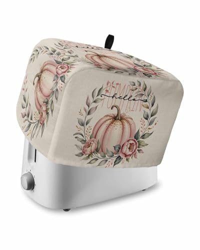 Fall Toaster Cover 2 Slice, Pumpkin Leaves Flowers Linen Texture Bread Maker Dust Cover with Pockets for Kitchen Small Appliance 12x7.5x8in