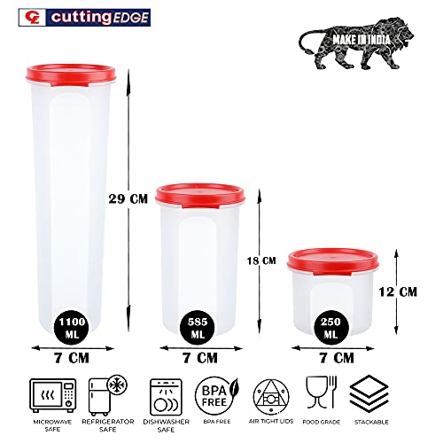 Image of Cutting EDGE Smart Slim Storage Airtight Container-Red,Set of 7 | Plastic material, size - 2x1.1L+3x585ml+2x250ml , pantry organization, pulses storage, grains storage, kitchen Storage